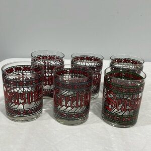 Vintage Houze CHRISTMAS Seasons Greetings Tumbler Drinking Glasses Set Of 6